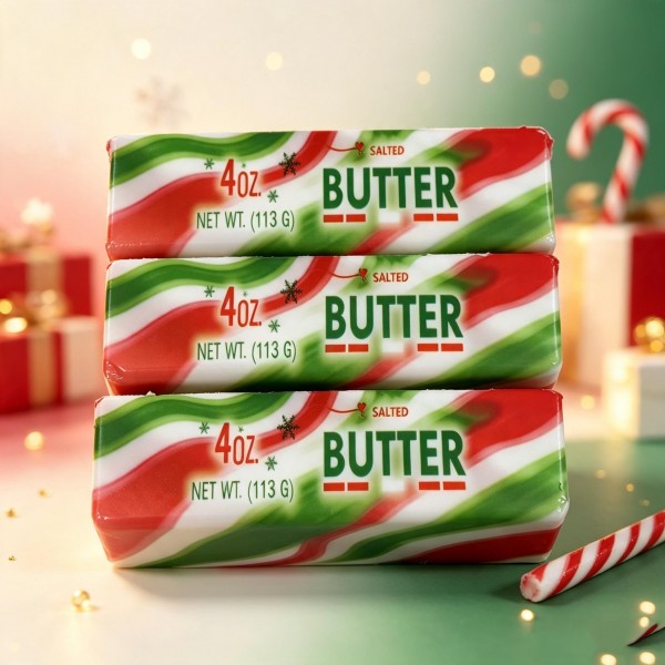Novelty butter stick squishy wrapped in a printed holiday foil-look sleeve. The slow-rise foam squeezes flat and springs back, which makes it an oddly satisfying desk fidget and an easy gag gift. Food-novelty squishies cross over to teens and adults, widening the buyer well past the toy aisle. Ships ready to merchandise in a bowl or basket at the register.
