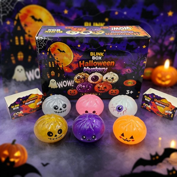 Halloween mystery squishy ball display packed with light up character balls in a printed counter box. Each ball has a glitter filled jelly body and a molded pumpkin or ghost face that glows when squeezed. Kids love not knowing which one they will get, which turns the display into the sale. A ready made Halloween impulse program that ships in its own merchandiser.