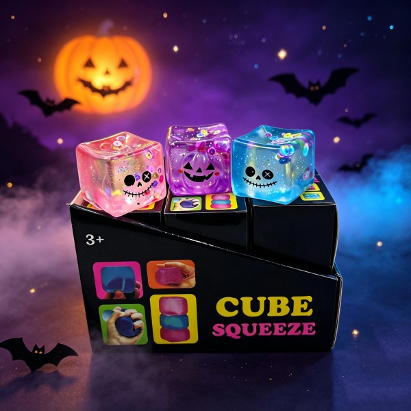 Halloween cube squeeze display packed with jelly character cubes in a printed counter box. Each cube holds a molded Halloween character sealed inside soft translucent gel that flexes and slowly rebounds. Set the box on the counter and it merchandises itself through the season. A strong low ticket add on for October traffic.