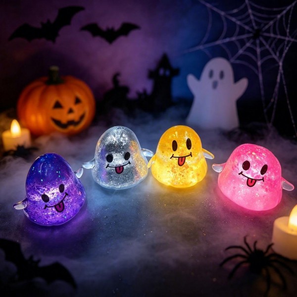 Glitter-filled ghost squishy with a smiley face and a soft gel body that squishes flat and reshapes in the hand. Suspended sparkle shifts with every squeeze, so it reads as a display piece as much as a fidget. A go-to for October counters, classroom treats, and trick-or-treat alternatives that beat candy. Small footprint and impulse pricing make it an easy multiple at the register.