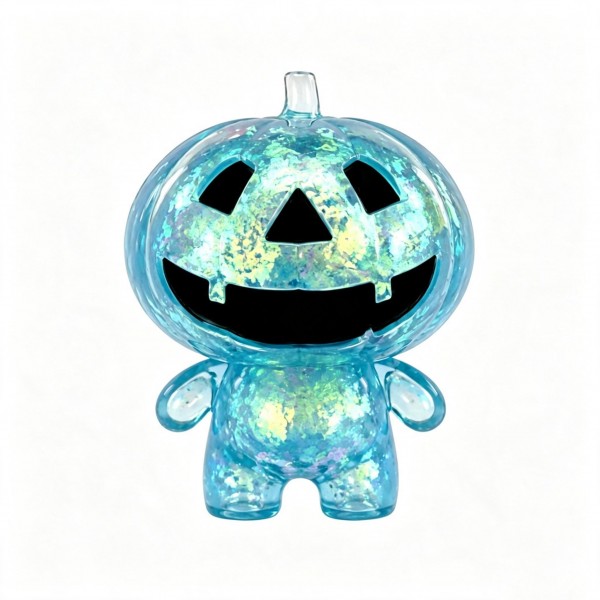 Glitter-filled jack-o-lantern character squishy with a carved grin and a stubby-armed body that squishes flat and springs back. Suspended sparkle inside the soft gel shifts with every press, giving a bowl display real shelf presence. A natural fit for Halloween counters, class parties, and treat-bag alternatives to candy. Low price point and high visual appeal make it an easy add-on at the register.
