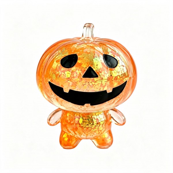 Glitter-filled jack-o-lantern character squishy with a carved grin and a stubby-armed body that squishes flat and springs back. Suspended sparkle inside the soft gel shifts with every press, giving a bowl display real shelf presence. A natural fit for Halloween counters, class parties, and treat-bag alternatives to candy. Low price point and high visual appeal make it an easy add-on at the register.