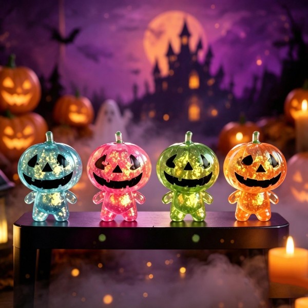 Glitter-filled jack-o-lantern character squishy with a carved grin and a stubby-armed body that squishes flat and springs back. Suspended sparkle inside the soft gel shifts with every press, giving a bowl display real shelf presence. A natural fit for Halloween counters, class parties, and treat-bag alternatives to candy. Low price point and high visual appeal make it an easy add-on at the register.