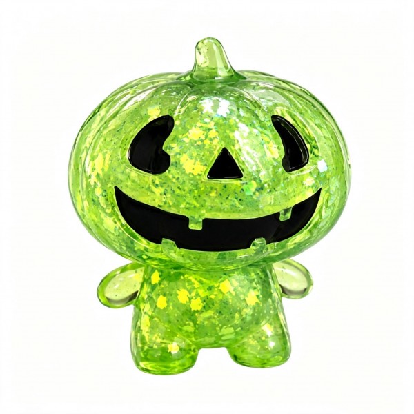 Glitter-filled jack-o-lantern character squishy with a carved grin and a stubby-armed body that squishes flat and springs back. Suspended sparkle inside the soft gel shifts with every press, giving a bowl display real shelf presence. A natural fit for Halloween counters, class parties, and treat-bag alternatives to candy. Low price point and high visual appeal make it an easy add-on at the register.