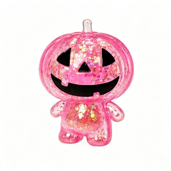 Glitter-filled jack-o-lantern character squishy with a carved grin and a stubby-armed body that squishes flat and springs back. Suspended sparkle inside the soft gel shifts with every press, giving a bowl display real shelf presence. A natural fit for Halloween counters, class parties, and treat-bag alternatives to candy. Low price point and high visual appeal make it an easy add-on at the register.