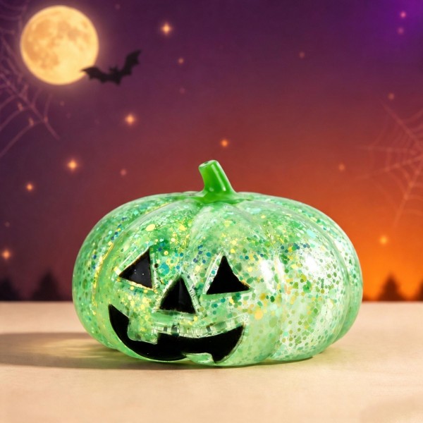 Glitter-filled pumpkin squishy with a carved jack-o-lantern face, a molded stem, and a soft gel body that flattens and reshapes on every squeeze. Suspended sparkle catches the light, giving a plain bowl display real shelf presence. An easy October impulse buy for counters, classroom treats, and trick-or-treat alternatives to candy. Sized to stack in a basket and priced to move in multiples.