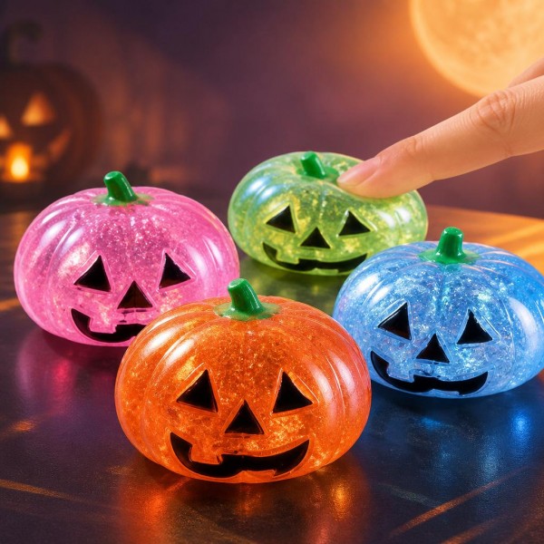 Glitter-filled pumpkin squishy with a carved jack-o-lantern face, a molded stem, and a soft gel body that flattens and reshapes on every squeeze. Suspended sparkle catches the light, giving a plain bowl display real shelf presence. An easy October impulse buy for counters, classroom treats, and trick-or-treat alternatives to candy. Sized to stack in a basket and priced to move in multiples.