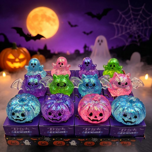 Twelve-piece Halloween squishy display packed in a printed counter box, with a glitter-filled mix of ghosts, bats, and jack-o-lanterns. Each squishy is individually boxed and ready to sell, so the unit merchandises straight out of the case with no extra setup. Assorted colors and shapes give a small counter footprint real visual pull through October. A proven pre-priced impulse program for gift shops, boutiques, and register displays.