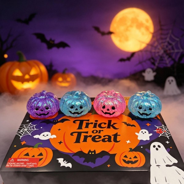 Twelve-piece Halloween squishy display packed in a printed counter box, with a glitter-filled mix of ghosts, bats, and jack-o-lanterns. Each squishy is individually boxed and ready to sell, so the unit merchandises straight out of the case with no extra setup. Assorted colors and shapes give a small counter footprint real visual pull through October. A proven pre-priced impulse program for gift shops, boutiques, and register displays.
