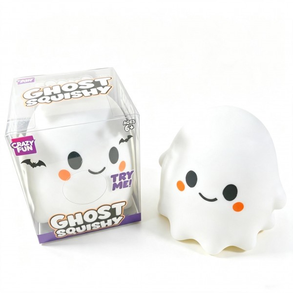 Classic ghost squishy in a clear window box, with a printed face and a soft slow-rise body that squeezes flat and springs back. The window packaging invites a try-me squeeze on the shelf and doubles as gift packaging at checkout. A friendly, not-scary Halloween character that works for younger kids, classroom treats, and party favors. An easy October counter item at an impulse price.