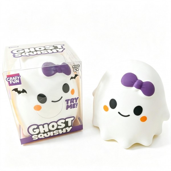 Bow-topped ghost squishy in a clear window box, with a printed face and a soft slow-rise body that squeezes flat and springs back. The window packaging invites a try-me squeeze on the shelf and doubles as gift packaging at checkout. A sweet, not-scary Halloween character that lands with younger kids, classroom treats, and party favors. An easy October counter item at an impulse price.