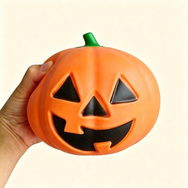 Jack-o-lantern squishy in a solid molded finish with a carved grin and a green stem. The slow-rise body squeezes flat and springs back for a simple, satisfying stress-relief fidget that kids and adults both reach for. A clean, classic Halloween shape that merchandises well loose in a bowl or basket at the counter. Priced as an easy impulse add-on for October displays and treat bags.