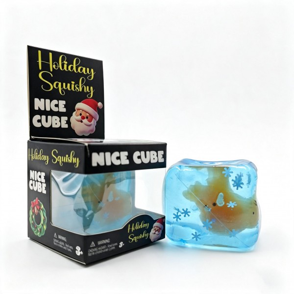 Holiday character ice cube squishy packed in a printed window box, with a translucent jelly cube and a molded winter character suspended inside. Squeeze it and the cube flexes around the figure, then eases slowly back into shape. A cheerful stocking stuffer and classroom treat that merchandises well in a holiday bin. Boxed and ready to hang or stack on a seasonal endcap.