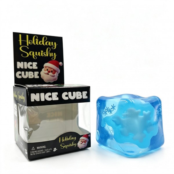 Holiday character ice cube squishy packed in a printed window box, with a translucent jelly cube and a molded winter character suspended inside. Squeeze it and the cube flexes around the figure, then eases slowly back into shape. A cheerful stocking stuffer and classroom treat that merchandises well in a holiday bin. Boxed and ready to hang or stack on a seasonal endcap.