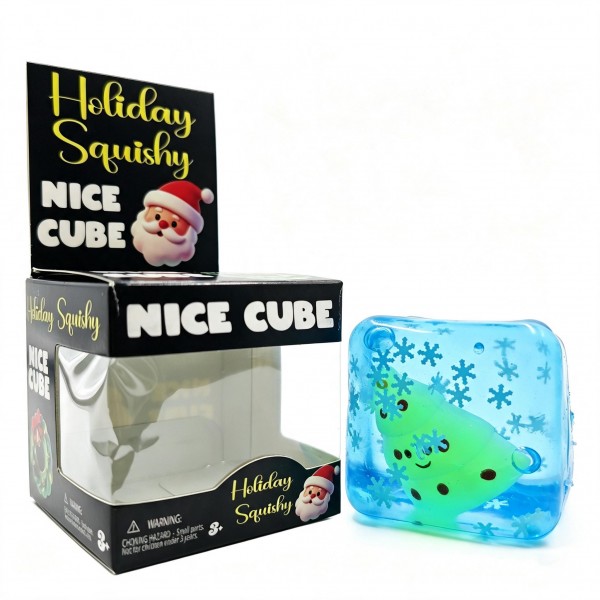 Holiday character ice cube squishy packed in a printed window box, with a translucent jelly cube and a molded winter character suspended inside. Squeeze it and the cube flexes around the figure, then eases slowly back into shape. A cheerful stocking stuffer and classroom treat that merchandises well in a holiday bin. Boxed and ready to hang or stack on a seasonal endcap.