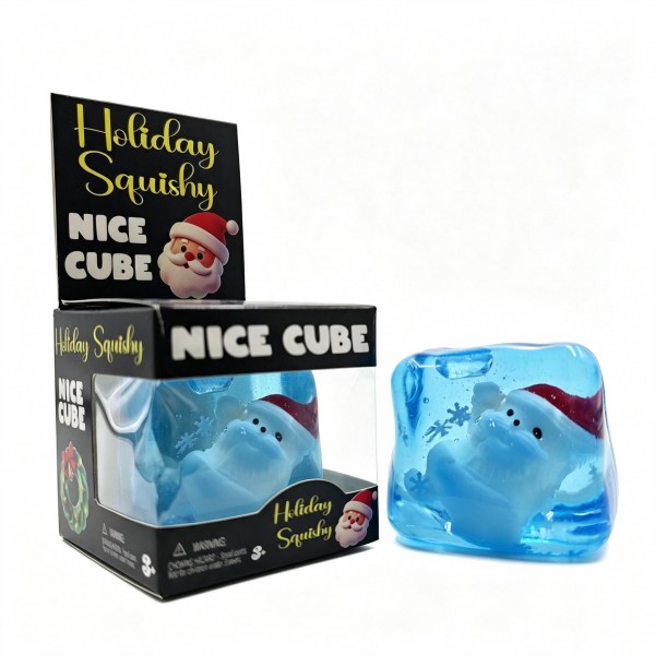 Holiday character ice cube squishy packed in a printed window box, with a translucent jelly cube and a molded winter character suspended inside. Squeeze it and the cube flexes around the figure, then eases slowly back into shape. A cheerful stocking stuffer and classroom treat that merchandises well in a holiday bin. Boxed and ready to hang or stack on a seasonal endcap.