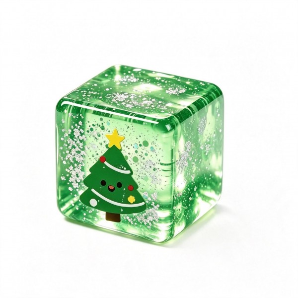 Christmas glitter cube squishy with a shimmering jelly body and a printed holiday character set inside the block. Light passes right through it, so it sparkles on a windowsill or under a tree. The soft cube squeezes flat and slowly rebounds, making it a fidget and a decoration at once. A festive impulse buy for holiday displays and gift bags.