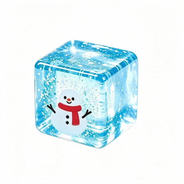 Christmas glitter cube squishy with a shimmering jelly body and a printed holiday character set inside the block. Light passes right through it, so it sparkles on a windowsill or under a tree. The soft cube squeezes flat and slowly rebounds, making it a fidget and a decoration at once. A festive impulse buy for holiday displays and gift bags.