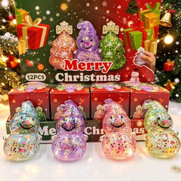 Twelve-piece snowman squishy display in a printed holiday counter box. Each glitter-filled squishy is individually boxed, with suspended sparkle that shifts as the soft body squishes and springs back. Assorted colors give a small counter footprint strong visual pull through the holiday rush. A dependable stocking-stuffer and class-gift program that sells through by the dozen.