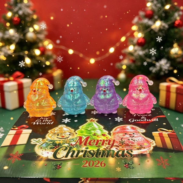 Twelve-piece holiday squishy display in a printed counter box, mixing glitter-filled snowman and Christmas tree shapes. Each piece is individually boxed and ready to sell, so the unit merchandises straight out of the case with no extra setup. Assorted shapes and colors give a small counter footprint strong pull right through December. A proven stocking-stuffer program that sells through by the dozen.