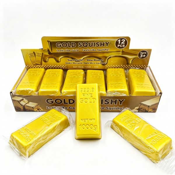 Novelty gold bar squishy molded with embossed bullion detail and a slow-rise foam core that squeezes flat and springs back. The gag-gift shape lands with teens and adults, which makes it a strong counter fidget well outside the usual kids toy aisle. Sold twelve to a pack, so a single order fills a bowl or basket at the register. A steady impulse seller for gift shops, novelty racks, and checkout displays.
