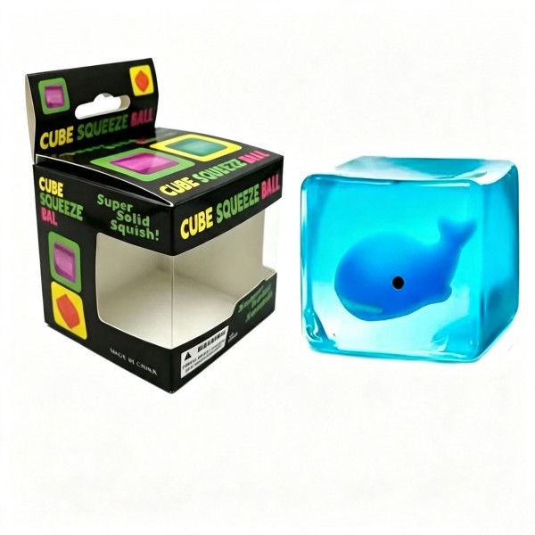 Cube squeeze ball packed in a printed window box, with a molded animal character sealed inside a soft translucent block. Press it and the cube gives, then slowly finds its shape again with the character back in place. A playful desk toy for kids and a quiet fidget for adults. Retail ready packaging makes it easy to hang, stack, or drop into a counter bin.
