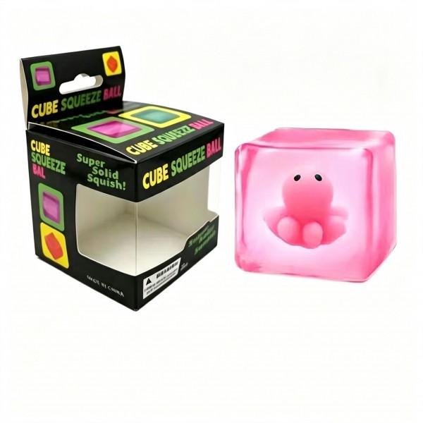 Cube squeeze ball packed in a printed window box, with a molded animal character sealed inside a soft translucent block. Press it and the cube gives, then slowly finds its shape again with the character back in place. A playful desk toy for kids and a quiet fidget for adults. Retail ready packaging makes it easy to hang, stack, or drop into a counter bin.