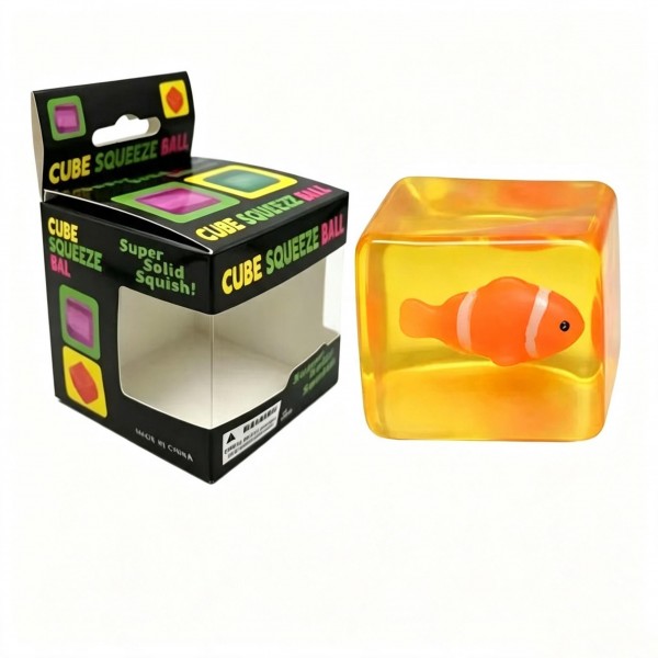 Cube squeeze ball packed in a printed window box, with a molded animal character sealed inside a soft translucent block. Press it and the cube gives, then slowly finds its shape again with the character back in place. A playful desk toy for kids and a quiet fidget for adults. Retail ready packaging makes it easy to hang, stack, or drop into a counter bin.