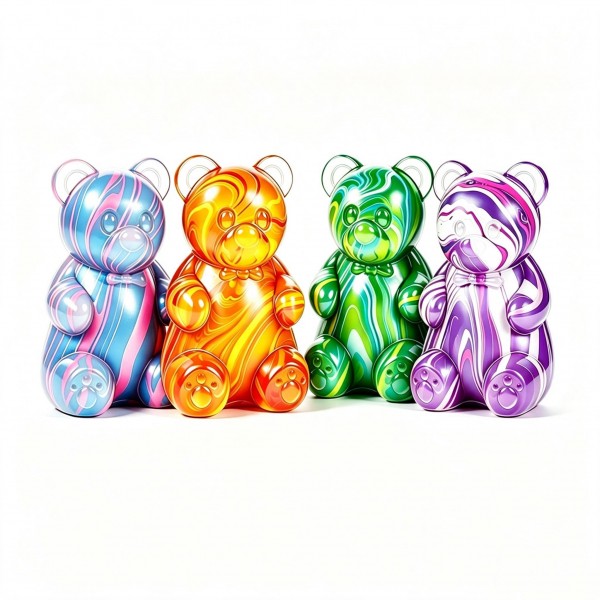 Oversized gummy bear squishy in a translucent swirl finish, packed in a printed window box. The slow-rise body squeezes flat and springs back, and the window packaging invites a try-me squeeze on the shelf while doubling as gift packaging. Candy-inspired squishies cross over to teens and adults, which widens the buyer well past the toy aisle. A giftable price point that supports full margin on a small shelf footprint.
