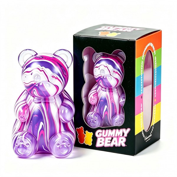 Oversized gummy bear squishy in a translucent swirl finish, packed in a printed window box. The slow-rise body squeezes flat and springs back, and the window packaging invites a try-me squeeze on the shelf while doubling as gift packaging. Candy-inspired squishies cross over to teens and adults, which widens the buyer well past the toy aisle. A giftable price point that supports full margin on a small shelf footprint.