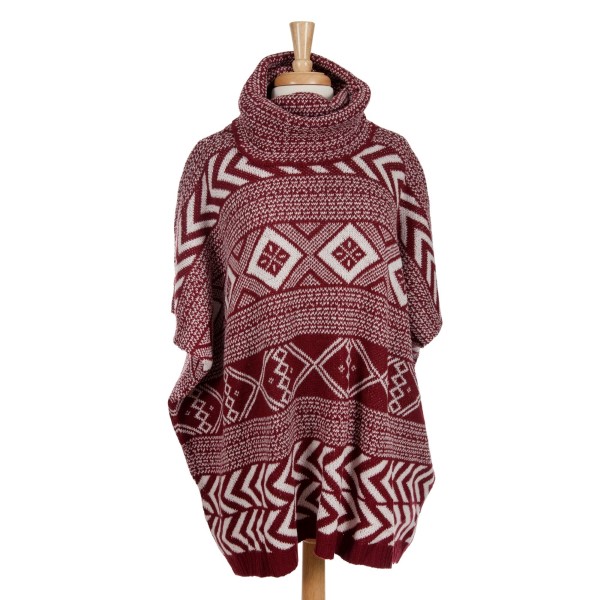 Heavyweight burgundy and white Aztec printed, turtleneck poncho top with short sleeves. 100% acrylic. One size fits most. 