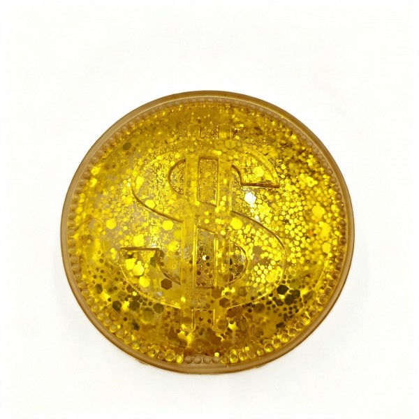 Oversized dollar-sign coin squishy with gold-tone glitter suspended in a soft, squeezable gel body. The sparkle shifts with every press, so it works as a desk piece as much as a stress-relief fidget. The money motif lands as a gag gift, a graduation add-on, and an everyday desk toy for teens and adults. A small-footprint impulse item that reads far more expensive than it prices.