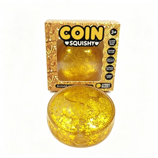 Oversized dollar-sign coin squishy with gold-tone glitter suspended in a soft, squeezable gel body. The sparkle shifts with every press, so it works as a desk piece as much as a stress-relief fidget. The money motif lands as a gag gift, a graduation add-on, and an everyday desk toy for teens and adults. A small-footprint impulse item that reads far more expensive than it prices.