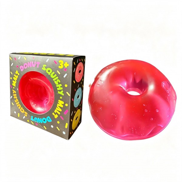 Donut squeeze ball packed in a printed window box, molded with a glossy glazed top and a soft gel body that flattens and slowly rebounds. The bakery styling makes it a natural on a food themed display or a checkout counter. A fun stress reliever for desks, backpacks, and car rides. Boxed and ready to hang, stack, or gift as is.