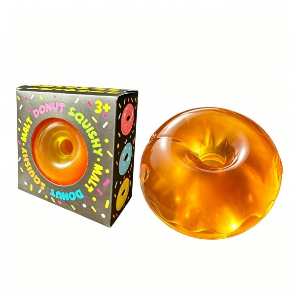 Donut squeeze ball packed in a printed window box, molded with a glossy glazed top and a soft gel body that flattens and slowly rebounds. The bakery styling makes it a natural on a food themed display or a checkout counter. A fun stress reliever for desks, backpacks, and car rides. Boxed and ready to hang, stack, or gift as is.