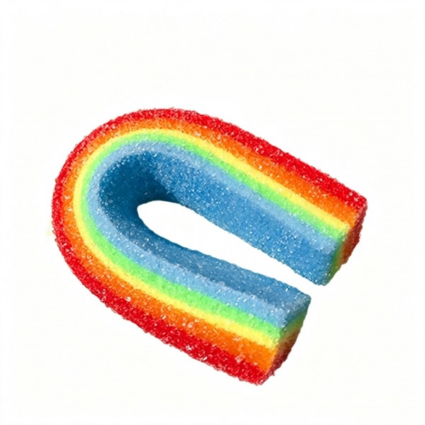 Rainbow candy squishy shaped like a sour belt bent into an arch, with a sugar textured surface and bright layered stripes. The foam body squeezes down and rises back slowly, so it holds up to constant fidgeting. A sweet shop novelty that pops on a shelf and photographs beautifully. Candy styled squishies are dependable impulse sellers for teen and gift departments.