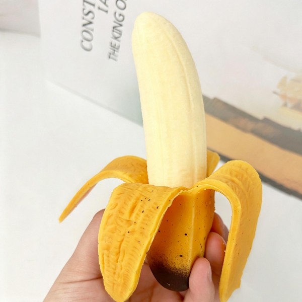 Peeling banana squishy with a stretchy molded peel that pulls down over a slow-rise inner fruit. The peel-and-squeeze action is the selling point: customers try it on the shelf and buy it on the spot. Food-novelty squishies cross over to teens and adults, widening the buyer well past kids toys. A proven counter impulse item at a giftable price, and an easy multiple.