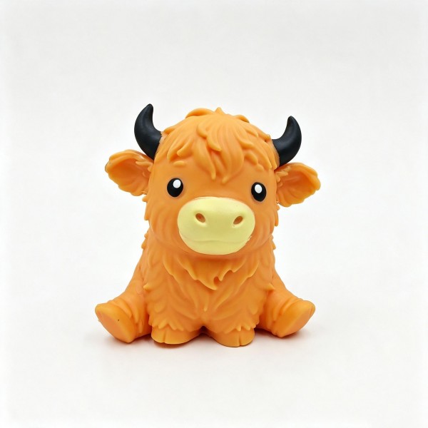 Highland cow squishy with a shaggy sculpted coat, curved horns, and a big eyed face that does most of the selling. The soft foam body squeezes down and rises slowly back into shape. A charming desk companion for farmhouse fans, cow collectors, and anyone building a cute shelf. Country styling makes it a natural for gift shops and farm themed displays.