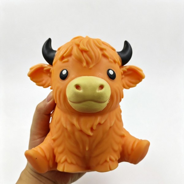 Highland cow squishy with a shaggy sculpted coat, curved horns, and a big eyed face that does most of the selling. The soft foam body squeezes down and rises slowly back into shape. A charming desk companion for farmhouse fans, cow collectors, and anyone building a cute shelf. Country styling makes it a natural for gift shops and farm themed displays.