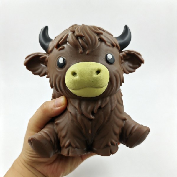 Highland cow squishy with a shaggy sculpted coat, curved horns, and a big eyed face that does most of the selling. The soft foam body squeezes down and rises slowly back into shape. A charming desk companion for farmhouse fans, cow collectors, and anyone building a cute shelf. Country styling makes it a natural for gift shops and farm themed displays.