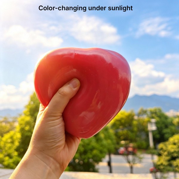 Color changing heart squishy that shifts shade in sunlight and returns to its original color indoors. The oversized heart shape fills a hand and the soft foam rebounds slowly after every squeeze. A fun sensory toy that doubles as a party trick, which keeps people coming back to the display. Strong for Valentine merchandising, teen gifting, and year round impulse racks.