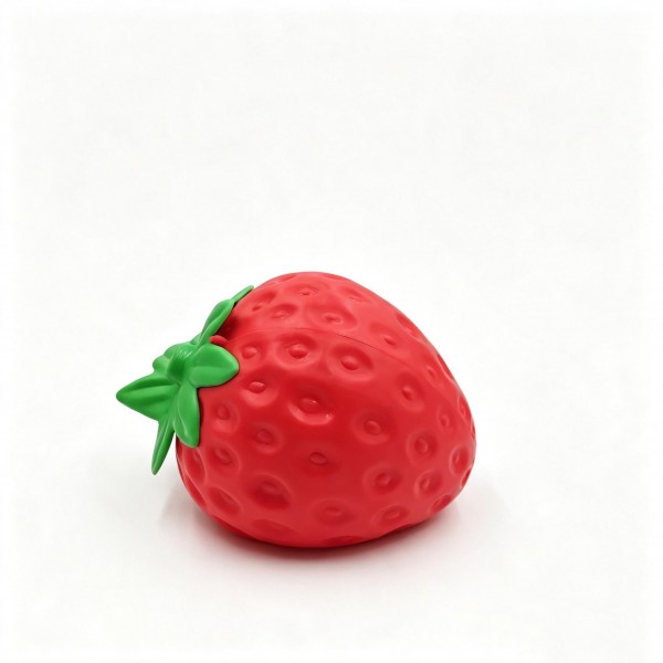 Strawberry squishy in a soft slow-rise mold with a textured seeded surface and a molded green cap. Squeezes flat and springs back for a satisfying stress-relief fidget with real hand feel. Food-novelty shapes sell to teens and adults as well as kids, which widens the buyer past the toy aisle. An easy bowl-display impulse item at a giftable price.
