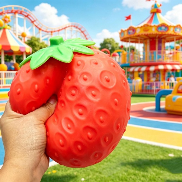 Strawberry squishy in a soft slow-rise mold with a textured seeded surface and a molded green cap. Squeezes flat and springs back for a satisfying stress-relief fidget with real hand feel. Food-novelty shapes sell to teens and adults as well as kids, which widens the buyer past the toy aisle. An easy bowl-display impulse item at a giftable price.