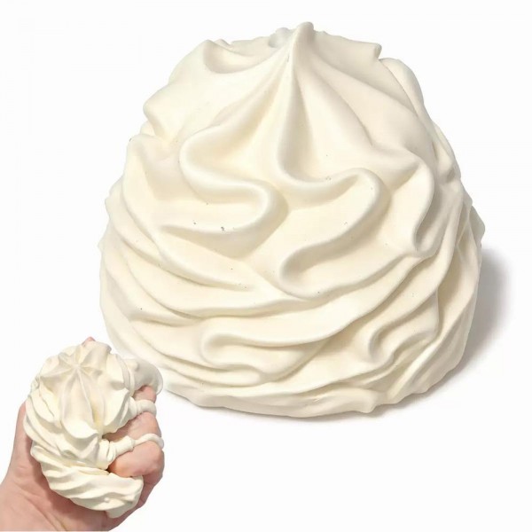 Oversized whipped cream swirl squishy molded as a tall piped dollop with soft ridged detail. Slow rise foam sinks under a squeeze and springs back to shape, giving that satisfying stress relief kids and adults both chase. A counter impulse toy for boutiques stocking birthday favors, classroom rewards, sensory bins, and stocking stuffers. Dessert squishies photograph well on a display riser and reorder as fast as they ring up.