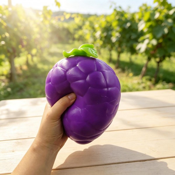 Grape cluster squishy molded with rounded fruit detail and packed in a printed display box. Slow rise foam compresses under a squeeze and slowly returns to shape for repeat fidgeting. A counter impulse toy for boutiques stocking birthday favors, classroom rewards, sensory bins, and stocking stuffers. Boxed fruit squishies merchandise neatly on a shelf and sell as a ready to gift grab.