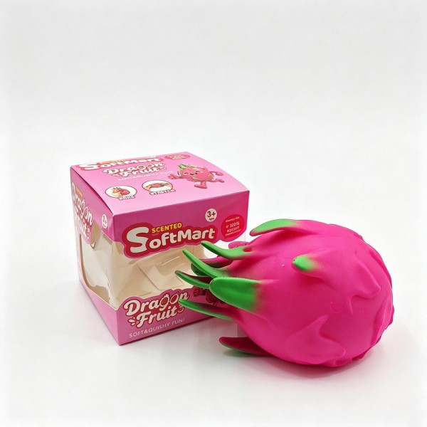 Dragon fruit squishy molded with spiked leaf detail and packed in a printed display box. Slow rise foam compresses under a squeeze and slowly returns to shape for repeat fidgeting. A counter impulse toy for boutiques stocking birthday favors, classroom rewards, sensory bins, and stocking stuffers. Boxed fruit squishies merchandise neatly on a shelf and sell as a ready to gift grab.