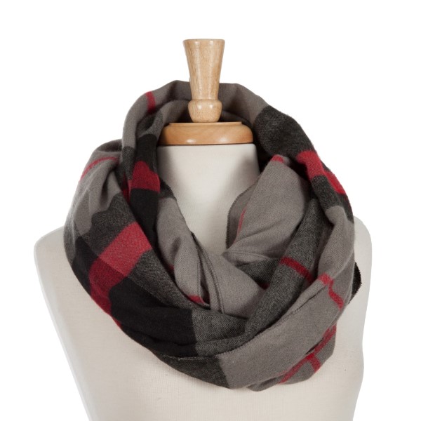 Gray, black, and red plaid infinity scarf. 100% acrylic. 