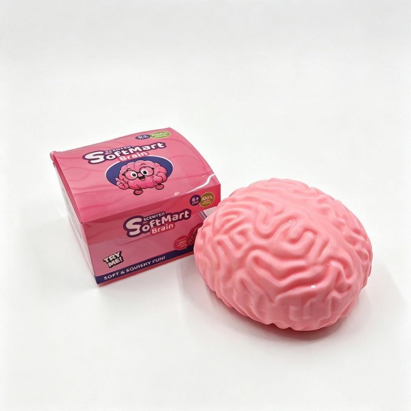 Brain squishy molded with deep folded texture and packed in a printed display box. Slow rise foam compresses under a squeeze and slowly returns to shape for repeat fidgeting. A counter impulse toy for boutiques stocking gag gifts, teacher gifts, classroom rewards, and stocking stuffers. Boxed novelty squishies merchandise neatly on a shelf and sell as a ready to gift grab.