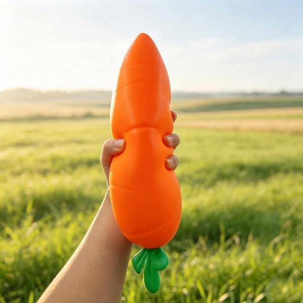 Carrot squishy molded with ridged root detail and a leafy green top. Slow rise foam compresses under a squeeze and slowly returns to shape for repeat fidgeting. A counter impulse toy for boutiques stocking spring baskets, birthday favors, classroom rewards, and party favors. Food squishies are the piece customers pick up on the way to the register and buy without thinking.