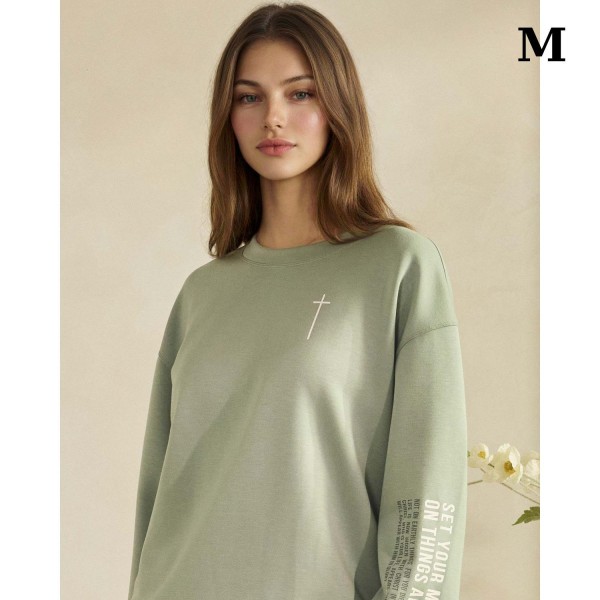 "Set Your Minds On Things Above" Ultra Comfy Pullover Sweatshirt

- Crew Neck 
- Dropped Shoulder For A Relaxed Silhouette
- Full-Length Sleeves With Cuff Bands
- Eye-Catching Graphic To Elevate Your Outfit
- 45% Rayon 47% Polyester 8% Spandex
